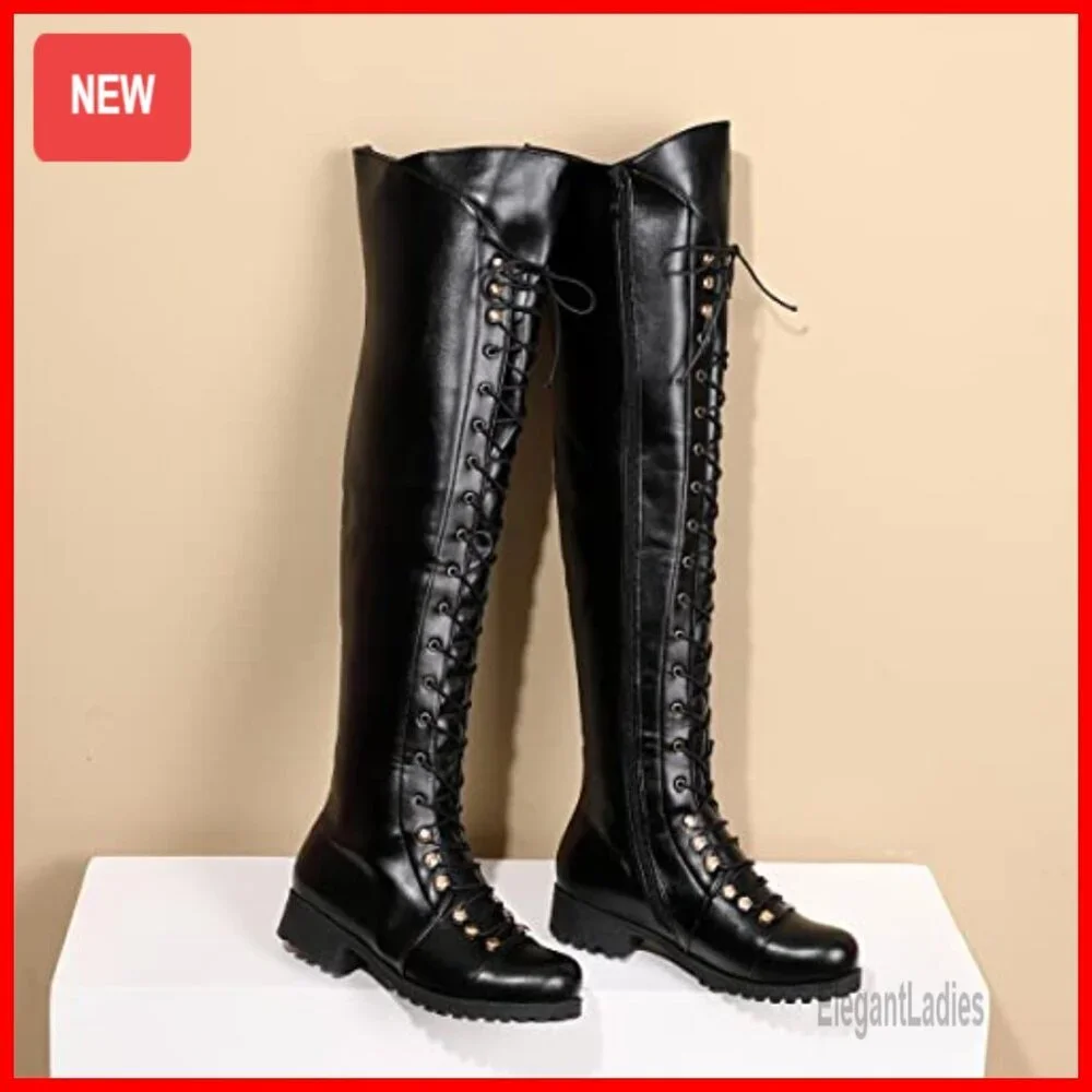 Over The Knee Flat Boots Lace-Up Riding Boots PU Leather 22.4